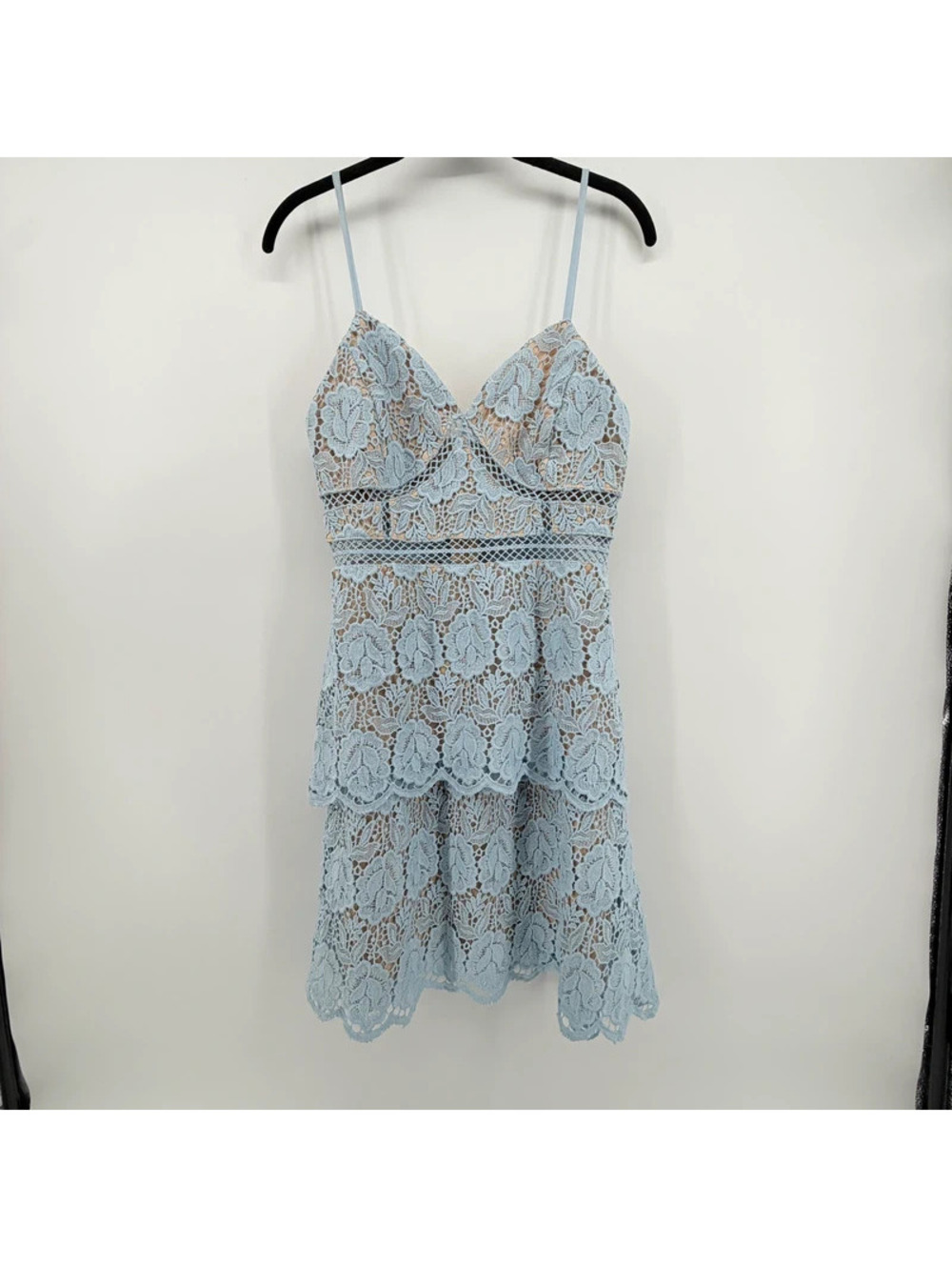 Just Me Blue Crochet Lace Tiered Dress Size Small Spaghetti Strap Floral
